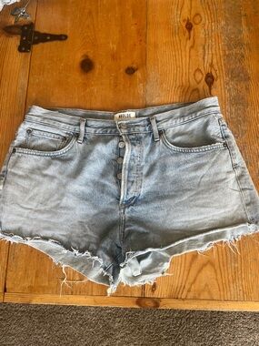 Agolde Light Blue High-Rise Frayed Hem Jean Shorts